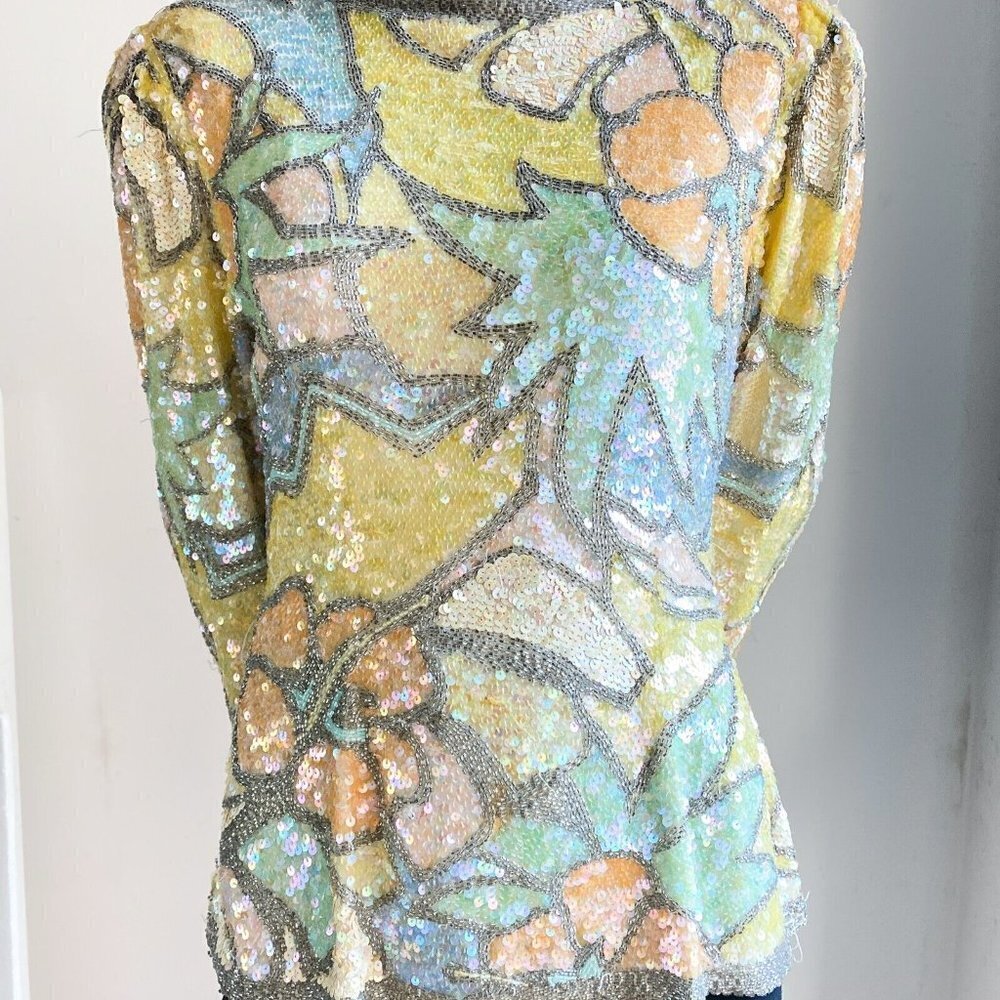 Vintage Oleg Cassini Black Tie PAstel Colours Fully Beaded Sequin Top S - Picture 2 of 10